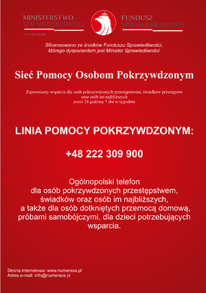 czerwony plakat z napisem sieć pomocy osobom pokrzywdzonym przestępstwem