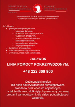 czerwony plakat z napisem sieć pomocy osobom pokrzywdzonym przestępstwem