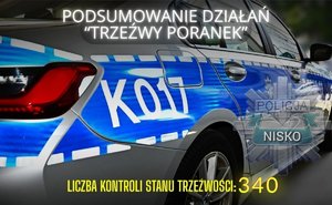 napis podsumowanie działań trzeźwy poranek liczba przebadanych 340 na tle policyjnego radiowozu