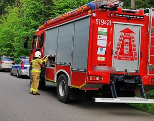 miejsce zdarzenia drogowego straz oraz policja na drodze przy lesie