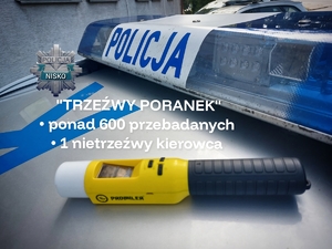 policyjna belka radiowozu z napisem policja obok leży urządzenie do badania stanu trzeźwości alcoblow oraz napis trzeźwy poranek ponad 600 przebadanych 1 nietrzeźwy kierowca logo policyjnej gwiazdy z napisem nisko