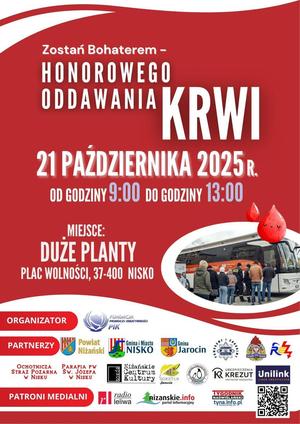 Plakat z napisem Zostań Bohaterem - honorowego oddawania krwi. Na zdjęciu kolejka ludzi oczekująca do krwiobusa celem oddania krwi.