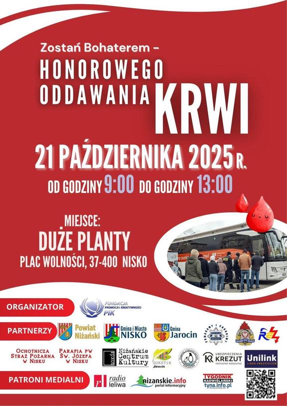 Plakat z napisem Zostań Bohaterem - honorowego oddawania krwi. Na zdjęciu kolejka ludzi oczekująca do krwiobusa celem oddania krwi.