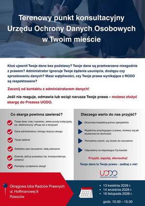 zdjęcie przedstawia plakat z informacjami dotyczącymi konsultacji i porad w punkcie UODO